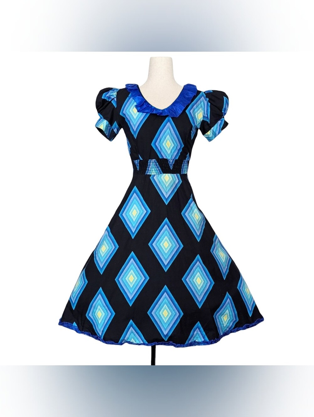 1980s Swing Dress 80s Vintage Midi Fit N Flare Diamond Print Blue Black XXS Vtg